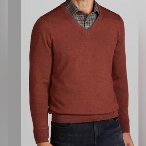 🛑 Jos. A. Bank Traveler Collection Tailored Fit Merino Men's Rust V-Neck Sweater
